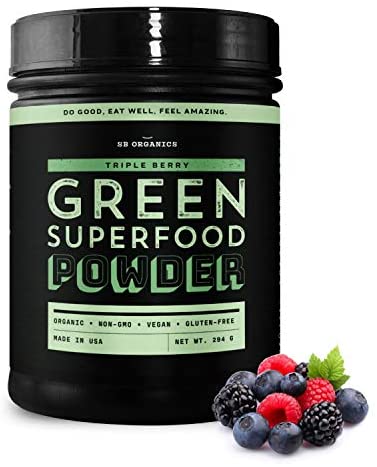 SB Organics Triple Berry Green Superfood Powder - 294g Canister of Organic Non-GMO Super Greens Drink Blend - Wheat Grass Juice Powder, Spirulina Powder, Moringa Powder, Matcha Tea Powder, and More