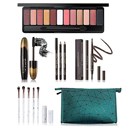 All in One Makeup Kit, Includes 12 Colors Naked Eyeshadow Palette, 5 Pcs Makeup Brush Set, Eyebrow Pencil, 2 Color Eyeliner Pencils, Lash Mascara & Cosmetic Bag, Makeup Set for Women & Teens