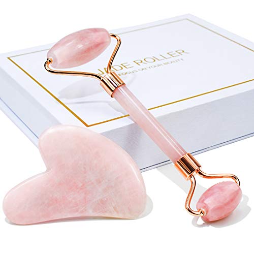 Jade Roller & Gua Sha, Face Roller, Facial Beauty Roller Skin Care Tools, BAIMEI Rose Quartz Massager for Face, Eyes, Neck, Body Muscle Relaxing and Relieve Fine Lines and Wrinkles